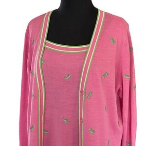 Quacker Factory Pink Cardigan & Shell Top Green Embroidery Grasshoppers Sz L Set